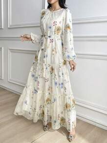 Modelyn Women's Elegant Floral Print Chiffon Dress With Self-Tie Waist, Spring/Summer