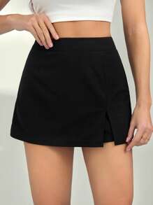 SHEIN Tall 女士夏季休闲纯色侧开叉迷你裙短裤 - 黑色 - 查看 1