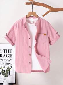 SHEIN 青少年男孩纹理百搭领口短袖衬衫 - 藕粉色 - 查看 1