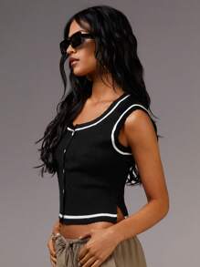 Athîral Blusa de punto sin mangas con botones delanteros y ribete de bloques de color para mujer