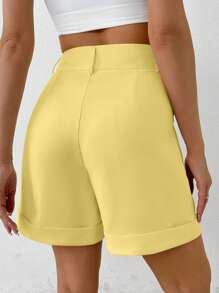 Celisse Women's Plain Color Pleated Pocket Wide Leg Loose Casual Shorts - Yellow - View 2