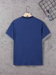 SHEIN Vacaura Teenage Boys' Casual Stand Collar Knit Polo Shirt - Navy Blue - View 2