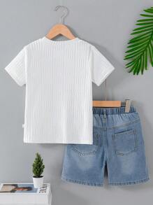 Conjunto de 2 piezas para niños pequeños con top de manga corta informal y cómodo, y shorts de mezclilla rotos