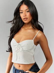 MISSGUIDED Polka Dot Ruched Bust Cami Top Summer Crop Tank Thin Strap Sweetheart Neckline Casual Beach Festival Style - White - View 5