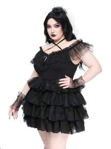 ROMWE Goth 大码女式夏季服装，优雅万圣节哥特式梦幻分层网眼荷叶边 V 领系腰连衣裙 - 黑色 - 查看 9