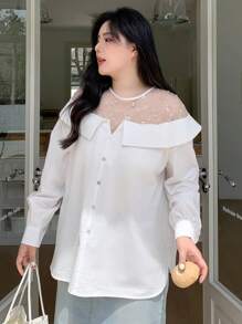 Dazy Plus Contrast Mesh Collar Pullover Long Sleeve White Shirt
