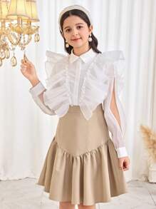 Conjunto de 2 piezas para niña preadolescente: Blusa elegante de manga larga con volantes y falda mini