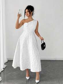 Elenzga Plus Size Solid Color Flower Applique Asymmetric Collar Sleeveless Dress - White - View 1