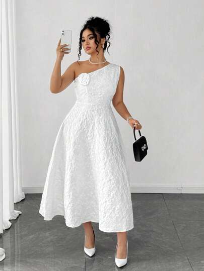 Elenzga Plus Size Solid Color Flower Applique Asymmetric Collar Sleeveless Dress