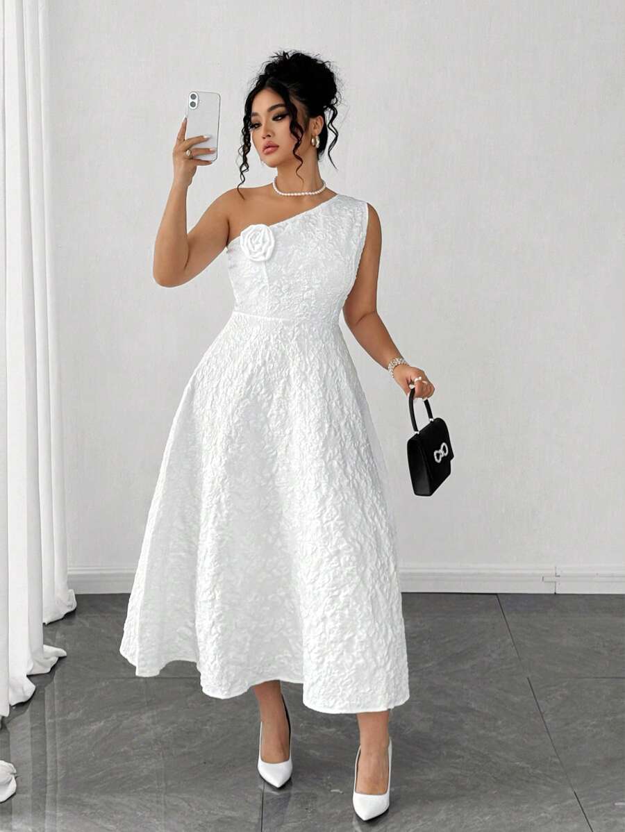 Elenzga Plus Size Solid Color Flower Applique Asymmetric Collar Sleeveless Dress - White - View 1