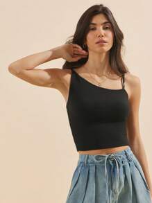 WESTFADE 对比色肩带罗纹针织不对称修身西部风实用吊带背心春假夏季海滩度假 - 黑色 - 查看 5