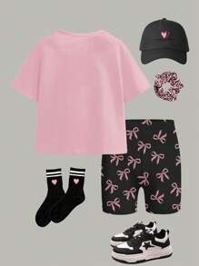 SHEIN 2pcs/Set Young Girl Casual Minimalist Short Sleeve Shorts Suit, Suitable For Summer