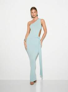 KIZN Đầm Maxi khoét một bên vai, dáng ôm, dài chấm đất, dự tiệc, tiệc cưới, tiệc sang trọng, sang trọng mùa xuân hè - Màu xanh bụi bặm - Xem 1