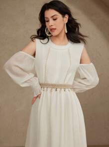 DAZY Women's Boho Vacation Chiffon Sequin Tassel Decor Off-Shoulder Waist Cinched Solid Color Maxi Dress, Spring/Summer, Ladies Summer/Graduation Dress