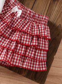 SHEIN LMoss Kids 2件套少女樱桃印花针织T恤和梭织格子裙套装 - 彩色 - 查看 7