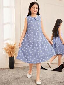 SHEIN 2 件套青少年女孩宽松休闲简约荷叶边网眼衬衫和彼得潘领连衣裙 - 藍色 - 查看 3