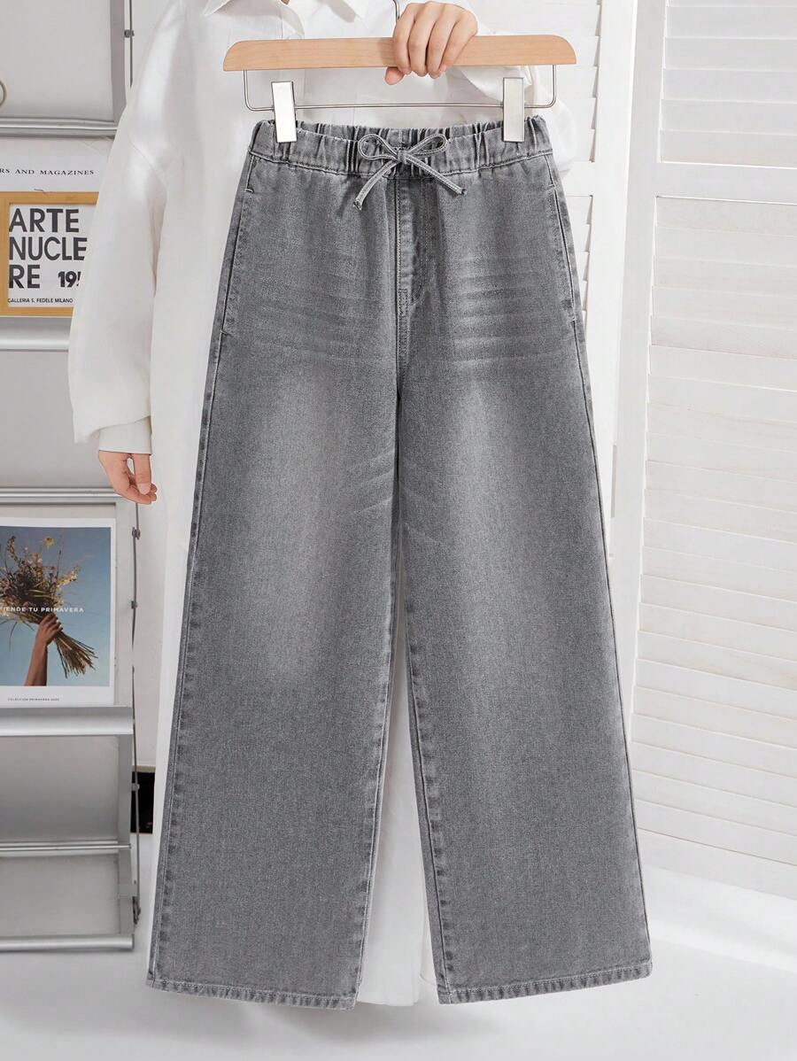 Tween-Mädchen Grau verwaschene Denimhose mit weitem Bein und schmeichelhafter Passform - Grau - Übersicht 1