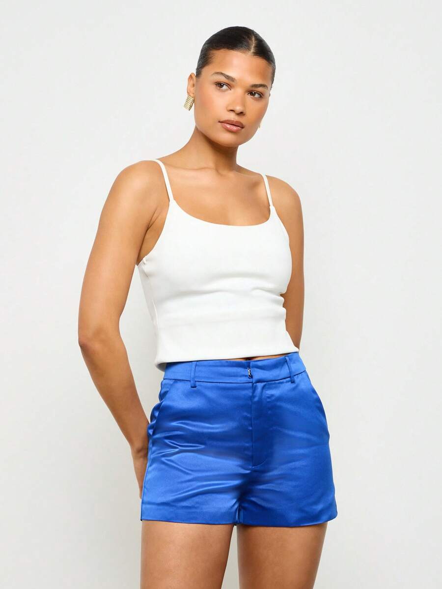 high waisted dress shorts High Waist Pintuck Detail Shorts In Chambray L main image 0