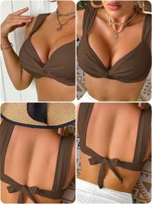 Voyashape Women's Solid Color Twist Front Bikini Top, Suitable For Beach/Vacation For Summer - Brown - View 8