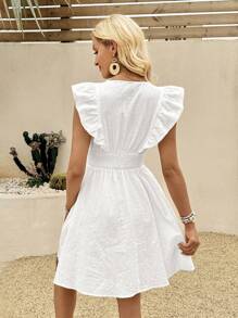 EMERY ROSE Women's White Woven Casual Short Dress With V-Neck, Cap Sleeves, And Ruffle Detail - White - View 3