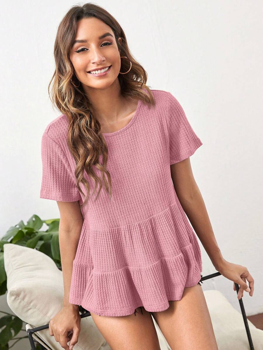 SHEIN LUNE Women's Solid Color Round Neck Short Sleeve Ruffled Hem T-Shirt - Dusty Pink - View 1