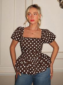 Glamine 春夏方领蕾袖经典缎面波点褶袖修身蕾丝下摆女式短袖衬衫