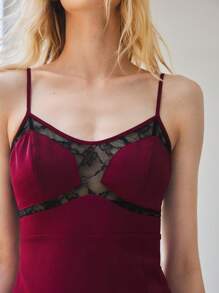 Maija Purple-Red And Black Lace Patchwork Design Sling Open Slit Sexy Mid-Length Dress For Women, Elegant Quality, Versatile For Spring/Summer, Festivals And Parties