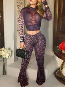 Plus Size Women 2 Pieces Set Leopard Print Long Sleeve Top And Pants, Casual Stylish Outfit For Summer - Multicolor - View 4