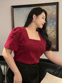 Dazy Plus Plus Size Textured Square Neck Puff Sleeve Fitted Red T-Shirt Christmas - Burgundy - View 4