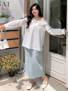 Dazy Plus Contrast Mesh Collar Pullover Long Sleeve White Shirt