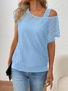 EMERY ROSE Blouse femme à épaules obliques et patchwork en dentelle 2 en 1 - Bleu azur - Voir 5