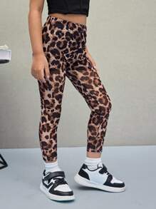 Young Girl Leopard Print Tight Leggings - Mocha Brown - View 1