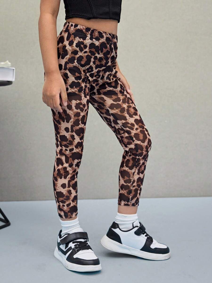 Young Girl Leopard Print Tight Leggings - Mocha Brown - View 1