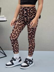 Young Girl Leopard Print Tight Leggings - Mocha Brown - View 3