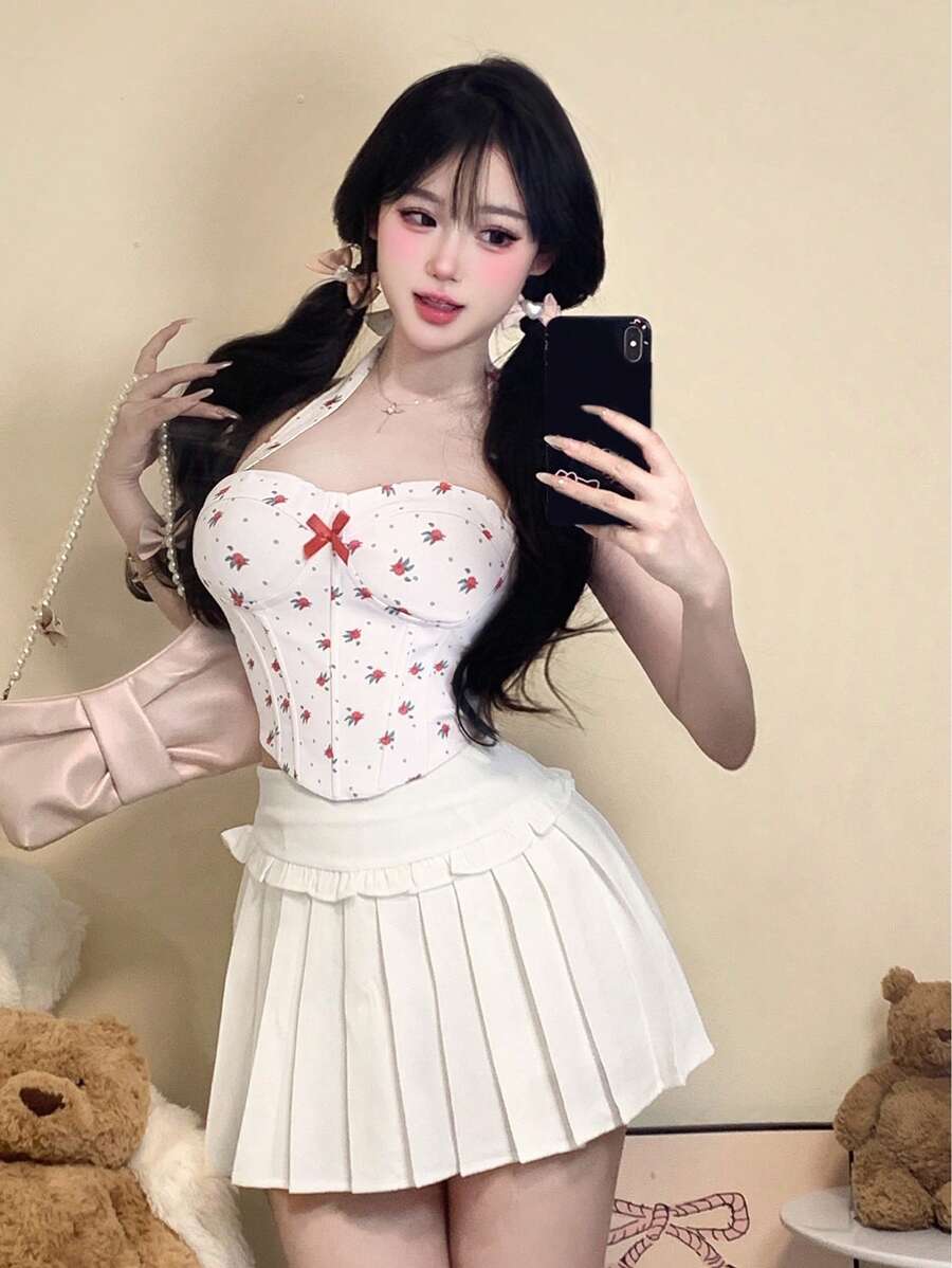 DAZY 2 件套女士夏季新款性感圆点碎花细肩带背心和高腰百褶裙短款女士套装 - 白色 - 查看 1