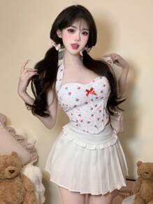 DAZY 2 件套女士夏季新款性感圆点碎花细肩带背心和高腰百褶裙短款女士套装 - 白色 - 查看 3