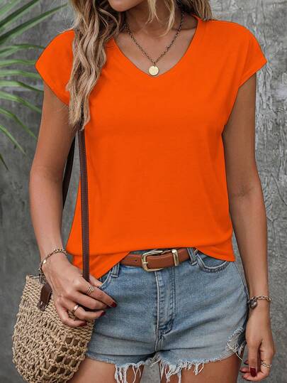 SHEIN LUNE Casual Versatile Solid Color V-Neck T-Shirt, Summer