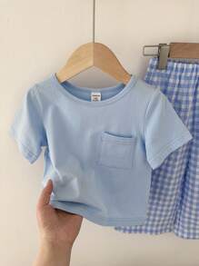 SHEIN Vintaside Kids 2 Pieces Baby Boy Cute Casual Short-Sleeved Top And Plaid Pants Set, Suitable For Summer, Home And Travel