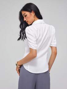 Roylia 女式纯色短款泡泡袖单排扣休闲衬衫 - 白色 - 查看 5
