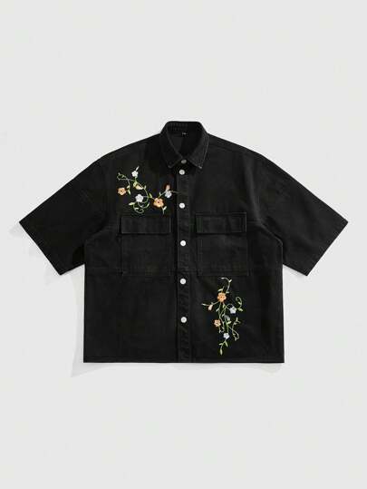 Street Life Men's Boxy Fit Embroidered Floral Denim Short Sleeve Shirt, Vacation