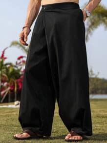 Manfinity Nomadique Men's Solid Color Asymmetric Front Design Wide Leg Casual Pants , Baggy Pants Men Pants , Men Wide Leg Pants , Men Baggy Pants , Men Pants Loose Fit