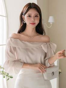 DAZY Valentine's Day Solid Color Tie Shoulder Women's Blouse,Ruffle,Off Shoulder Top,Fall Women Clothes Long Sleeve Top