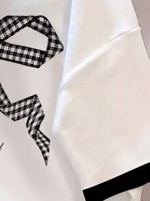 SHEIN Leap Crew Checkered Bow Pattern, Teen Girls Casual Minimalist Loose Knit Oversized T-Shirt, Suitable For Summer - Multicolor - View 4