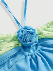 ROMWE Avant Áo kiểu yếm xếp ly họa tiết hoa phối màu dành cho nữ đi biển. - Màu xanh lam - Xem 4