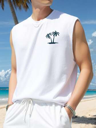 Manfinity Chillmode 1pc Men's Casual Large Loose Fit Sleeveless Shirt, Round Neck, Coconut Tree Graphic, Vacation/Beach Style, Suitable For Summer, Gifts For Husband Or Boyfriend