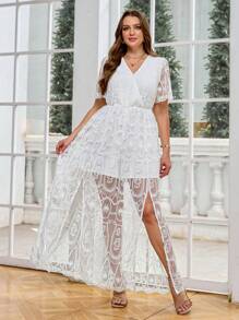 SHEIN Clasi 加大码女式优雅白色蕾丝长款连体裤，夏季连体裤女式女式夏季服装女式连体裤女式连体裤女式连体裤 - 白色 - 查看 6