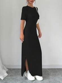 SHEIN PETITE 女式夏季纯色开叉大腿T恤连衣裙（不带包）超长女装 - 黑色 - 查看 1