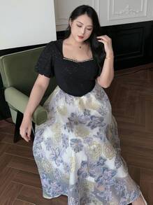 Dazy Plus Robe longue à manches bouffantes avec imprimé floral bicolore, pour porter lors de cérémonies, au printemps/été, robe décontractée pour femmes, robe de bal élégante pour femmes - Noir - Voir 5