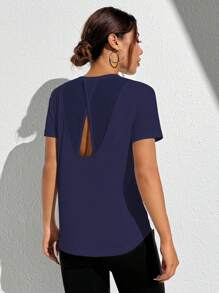 Gameset SHEIN Sport 拇指孔撞色撞色网眼插肩袖运动T恤健身背心健身房女式衬衫 - 藏蓝色 - 查看 7