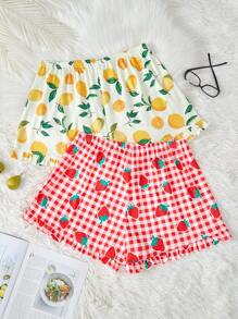 2pcs/Pack Lemon & Strawberry Plaid Print Plus Size Pajama Bottoms Sleep Shorts